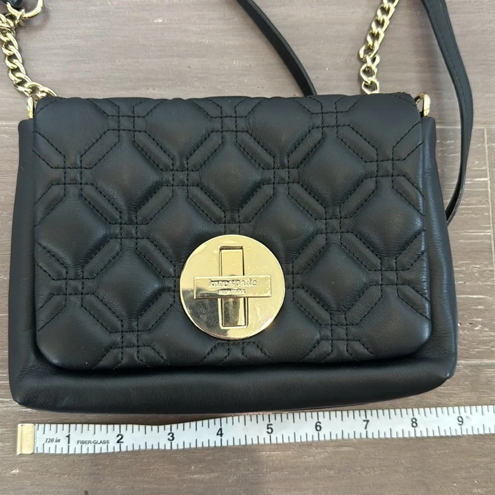 Kate Spade Y2K black cow leather mini crossbody quilted gold chain handbag